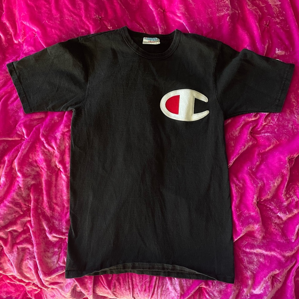 Vintage Champion Crew Neck Short Sleeve Big Logo T-shirt Black Color Size S